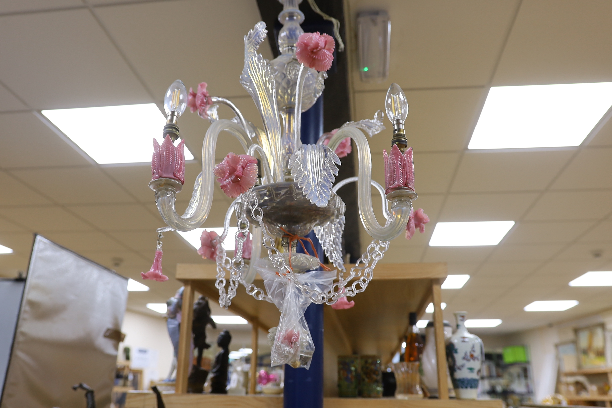 A Venetian opalescent and cranberry glass chandelier (converted)